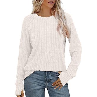 Generic Womens Long Sleeve Knitted Jumper Loose Casual Pullover with Ribbed Details Thumb Holes Solid Tunic Style Tops for UK Ladies Winter Jumpers for Women 