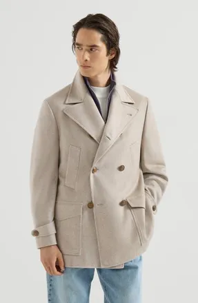 Brunello Cucinelli Cashmere chevron flannel four-pocket pea coat in Sand at Nordstrom, Size 48