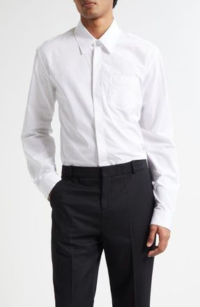 Balmain Embroidered Emblem Cotton Poplin Button-Up Shirt in 0Fb Optical White at Nordstrom, Size 41