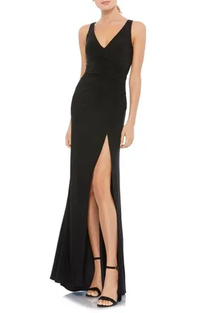 Mac Duggal Ruched Stretch Jersey V-Neck Gown in Black at Nordstrom, Size 2