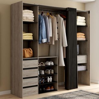 IDMarket Xxl Meryl 120/180 Cm Haya Armario Doble Extra&iacute;ble Con Cajones + Estantes + Espacio Para Colgar + Cortina Negra