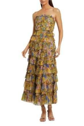 Mac Duggal Printed Mesh Ruffle Strapless Midi Dress in Yellow Multi at Nordstrom, Size 10