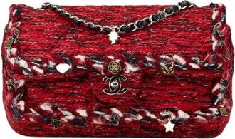 Chanel Pre-owned Medium Tweed Braided Charms Double Flap Bag - Dames - Vintage Schoudertas - Rood - ONE Size - Tweed - Vintage