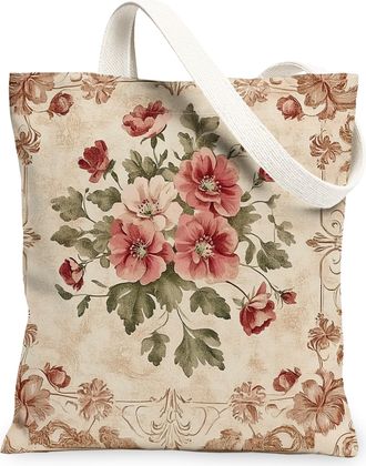 Generic Spring Aesthetic Geranium Canvas Tote Bag for Shopping 13x15, Vintage Retro Floral Reusable Grocery Print Bag for Women, Abstract Flower Beach Aesthet