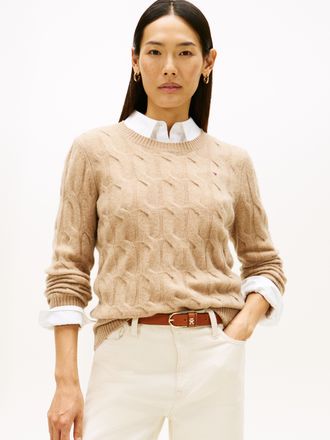 Tommy Hilfiger Strickpullover TOMMY HILFIGER SOFT WOOL CABLE C-NK, Damen, Gr. XXXL(46), safari canvas heather, Strick, Obermaterial: 100% Wolle, unifarben, normal, R