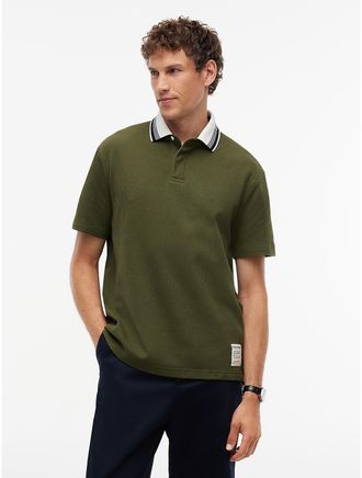 Tommy Hilfiger Mens Regular Fit Stripe-Collar Waffled Polo - Huntsman Green - XL