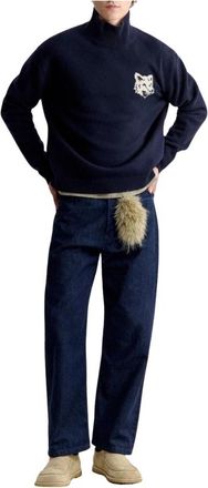 Maison Kitsun&eacute; Fox Head Intarsia Merino High - Heren - Coltruien - Blauw - S - Wol - Truien & Vesten