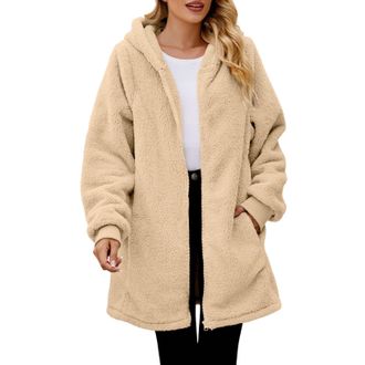 Generic Ladies Long Fleece Jackets Full Zip with Hooded, Warm Teddy Fleece Longline Hoodie with Pockets, Ladies Soft Plush Long Coat for Winter, Outdoor therm