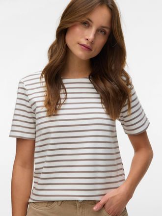 Vero Moda Rundhalsshirt VERO MODA VMABBY SS ZIP TOP JRS NOOS, Damen, Gr. XL, snow wei&szlig; stripes:moon rock, Jersey, Obermaterial: 77% Polyester, 19% Viskose, 4% E