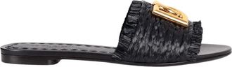 Dolce & Gabbana Flat Raffia Logo Slide - Dames - Sandalen - Zwart - 36 EU - Leer - Schoenen