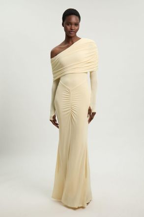 Karen Millen Womens Petite Drapey Crepe Off The Shoulder Ruched Detail Fishtail Maxi Dress - Yellow - Size X-Small