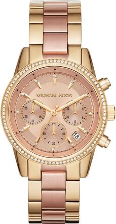 Michael Kors Womens MK6475 Ritz Two-Tone 37mm Ladies Chronograph Watch - White & Rose Gold Stainless Steel - One Size