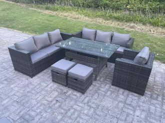 Fimous Lounge Sofa Garden Furniture Set Rattan Rectangular Dining Table Patio Chair with 2 Small Footstool 9 Seater in Dark Grey