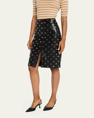 Veronica Beard Anderson Grommet Leather Pencil Skirt