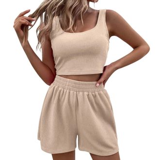 Generic Womens Two Piece Outfit Tracksuit Womens Full Set Workout Yoga-Crop Tank Top Shorts Y2K Aesthetic Clothes Streetwear Sport Gym Sets Summer Ladies Sexy