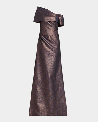 Teri Jon Off-Shoulder Metallic Jacquard Gown