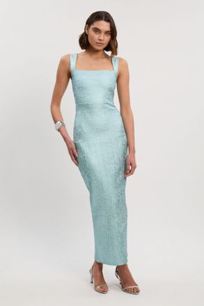 Karen Millen Womens Petite Foil Metallic Figure Form Strappy Knit Maxi Dress - Pale Blue - Size Medium
