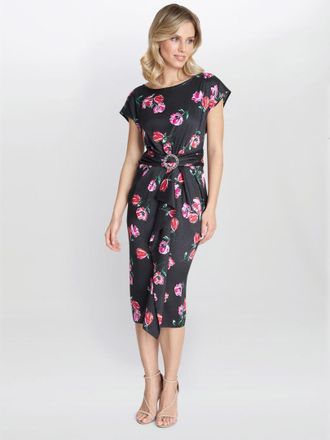 Gina Bacconi Womens Saffron Floral Print Satin Dress With Buckle - Black - Size 16 UK