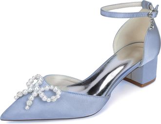 Generic Women Satin Bridal Shoes Pointed Toe Low Chunky Heels Pearls Pumps Wedding Shoes Evening Party Dress Shoes 4.5Cm,Silver,10 UK