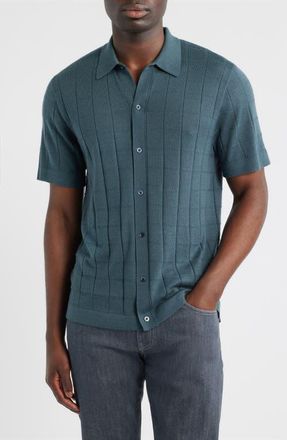 Nordstrom Texture Cotton Knit Short Sleeve Button-Up Shirt in Blue Slate at Nordstrom, Size Xx-Large