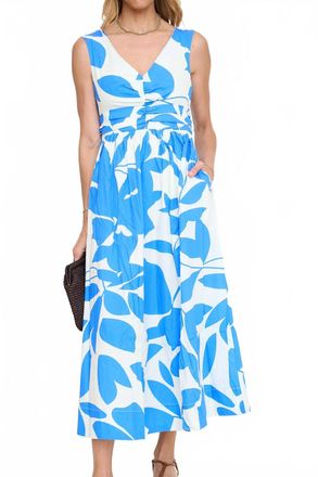 English Factory Printed Ruched Midi Dress In Blue/ White