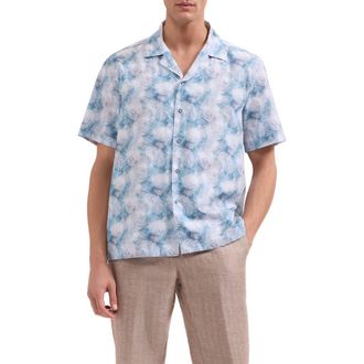 Bugatchi Jackson Palm Leaf Print Camp Shirt in Teal at Nordstrom, Size Xxx-Large