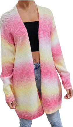 Generic Rainbow Long Cardigan for Women UK Oversized Open Front Sweater Knitted Coat Winter Jumper Tie-Dye Long Sleeve Cardigan Ladies Maxi Boyfriend