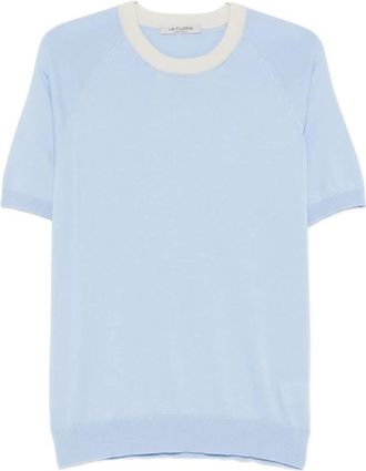 La Fileria T-shirt van gebreid materiaal met korte mouwen en ronde hals - Heren - Ronde hals truien - Blauw - 4XL - Katoen - Truien & Vesten
