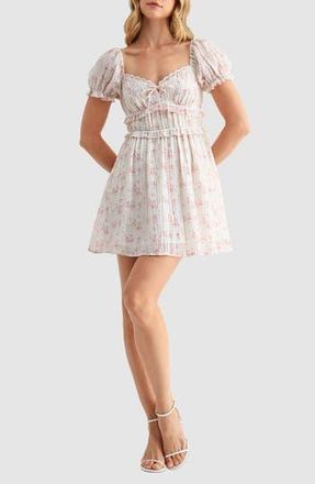 All in Favor Floral Print Puff Sleeve Smocked Minidress in Cream Pink at Nordstrom Rack, Size X-Large