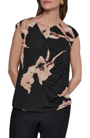 DKNY Floral Asymmetric Neck Top in Black Multi at Nordstrom, Size X-Large