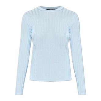 Versace Round-neck Knitwear, female, Blue, Size: 2XS Ribbed Knit Viscose-Blend Crewneck Top