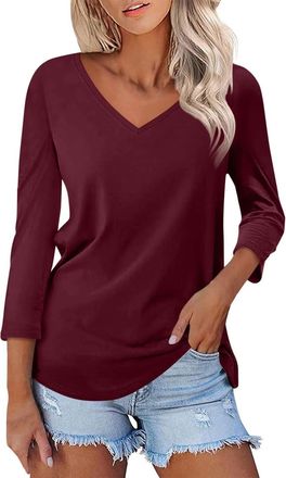 Generic red Long Sleeve top Women Womens V Neck 3/4 Sleeve Tops Solid Colour V Neck T Shirts Fashion Basic Tees Trendy Blouses Ladies Spring Autumn Clothes (W