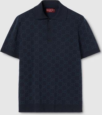 Gucci GG Cotton Silk Jacquard Polo Shirt, Size XXXL, Blue, Ready-to-wear