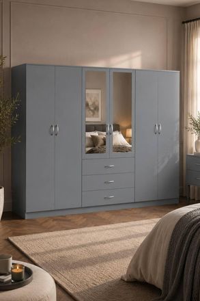 Home Discount Vida Designs Riano 6 Door 3 Drawer Mirrored Wardrobe Bedroom Furniture in Grey