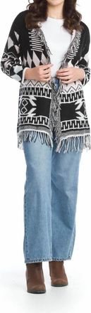 Papillon Soft Geometric Knit Cardigan With Fringe Details In Black