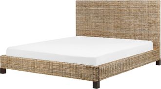 Beliani Cama Con Somier De Rat&aacute;n Natural Madera Oscura 180 X 200 Cm Caoba Panel Salbris