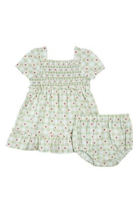 Petit Lem Strawberry Gingham Print Organic Cotton Dress & Bloomers Set in Light Green at Nordstrom, Size 18M
