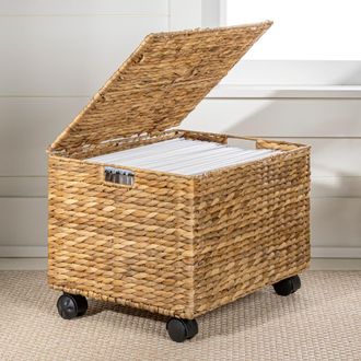 Happimess Ashton Classic Farmhouse Handwoven Hyacinth Rolling Filing Basket with Lid and 360 Degree Lockable Wheels in Natural at Nordstrom