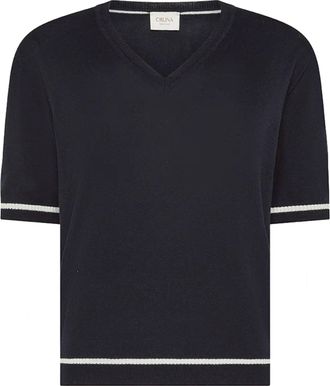 Cruna Dark Cropped V-Neck Contrasting Stripe T-Shirt