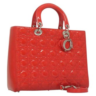 Dior Vintage Lady Dior Bag Cannage Quilt Patent Red Patent_Leather Handbag (Pre-Owned)