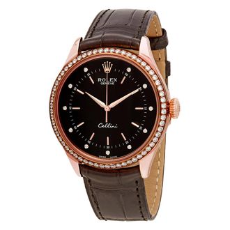 Rolex Cellini Time Black Diamond Dial Automatic Mens Leather Watch 50705BKDL