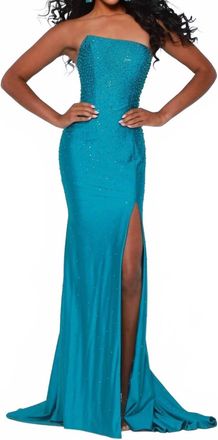 Johnathan Kayne Refined Asymmetrical Neck Gown In Teal