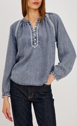 Rails Tali Embroidered Split Neck Top in Blue Ridge at Nordstrom, Size Xx-Small