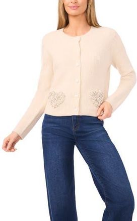 CeCe by Cynthia Steffe Rhinestone Heart Pocket Cardigan in Birch at Nordstrom Rack, Size Xx-Large