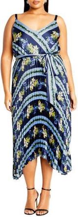 City Chic Amelia Floral Pleated Handkerchief Hem Dress in Navy Garden Party at Nordstrom Rack, Size Xxl/24W