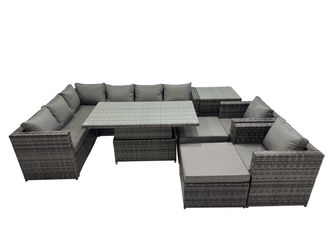 Fimous 10-seater Rattan Garden Furniture Dining Set with 2 Big Stools in Dark Grey