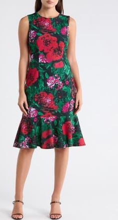 Julia Jordan Floral Sleeveless Ruffle Hem Midi Dress in Red/Green at Nordstrom Rack, Size 16
