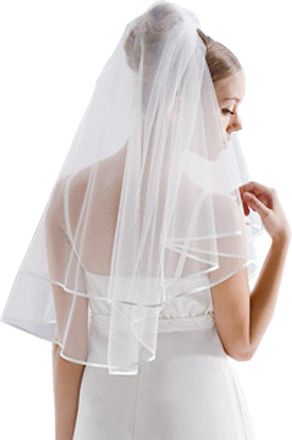 Flora 2-Tier Satin Edged Plain Designer Bridal Veil,32 L Waist Length (WHITE)
