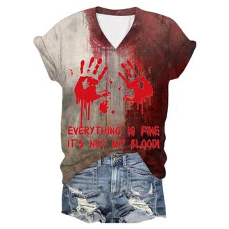 Generic Halloween Tshirts for Women Im Fine Halloween Bloody Short Sleeve T Shirts Problem Solved T Shirts Letter Pattern Print V Neck Shirt Tops
