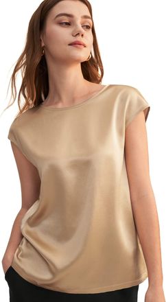 LilySilk Basic Cap Sleeves 22MM Silk T Shirt Relaxed Fit Round Neck Shirt for Ladies Light Camel Size XL